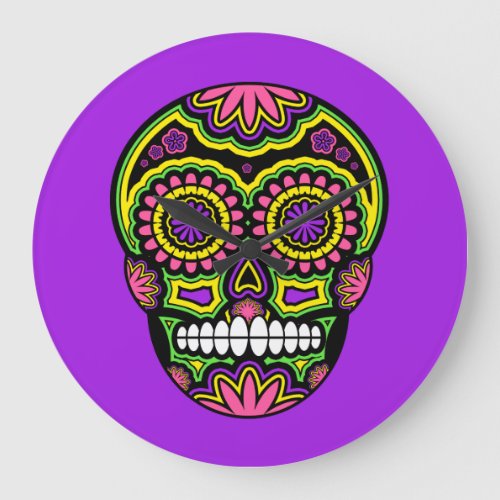 Colorful Mexican Sugar Skull Day Of The Dead Large Clock