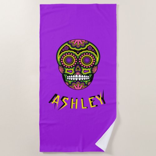 Colorful Mexican Sugar Skull Day Of The Dead Name Beach Towel