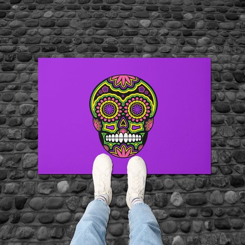 Colorful Mexican Sugar Skull Day Of The Dead Name Doormat