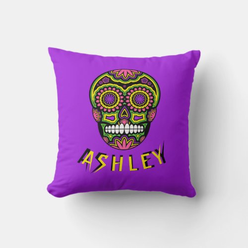 Colorful Mexican Sugar Skull Day Of The Dead Name Throw Pillow