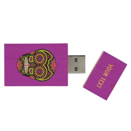 Colorful Mexican Sugar Skull Day Of The Dead Wood Flash Drive