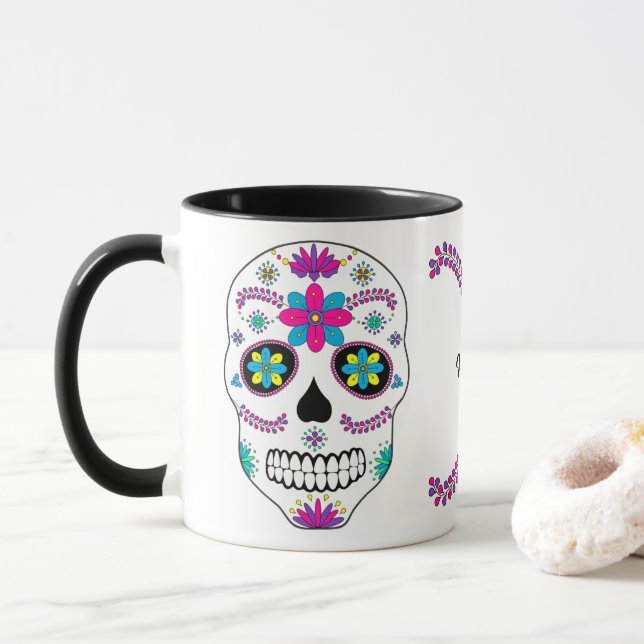 Colorful Mexican Sugar Skull With Name Mug (With Donut)