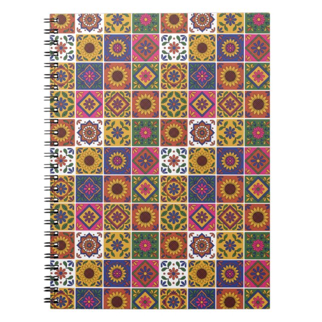 Colorful Mexican Talavera Tile Pattern Spiral Note Notebook (Front)