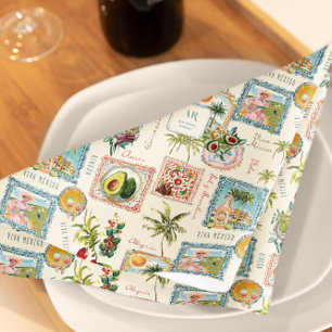 Colorful Mexican Travel Print Monogram Cloth Napkin