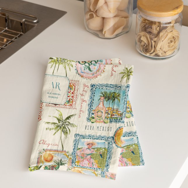 Colorful Mexican Travel Print Monogram Kitchen Towel (Creator Uploaded)