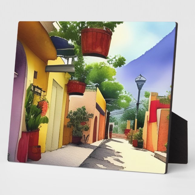 Colorful Mexican Village Street Scenic Watercolor  Plaque (Side)