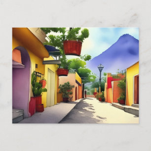 Colorful Mexican Village Street Scenic Watercolor Postcard
