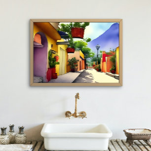 Colorful Mexican Village Street Scenic Watercolor Poster