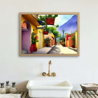 Colorful Mexican Village Street Scenic Watercolor Poster
