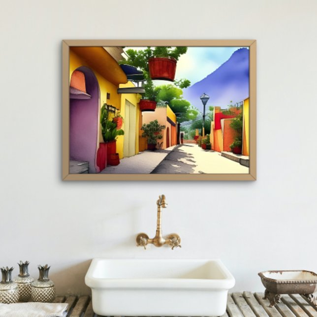 Colorful Mexican Village Street Scenic Watercolor  Poster (Creator Uploaded)