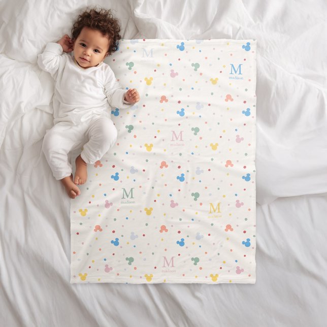 Colorful Mickey Mouse Monogram Keepsake Fleece Blanket (Blanket simulated on bed)