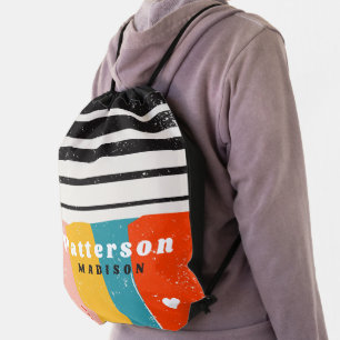 Colorful Mid Century Abstract Personalized Name Drawstring Bag