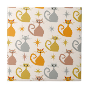 Colorful Mid Century Atomic Cats with Starbursts  Ceramic Tile