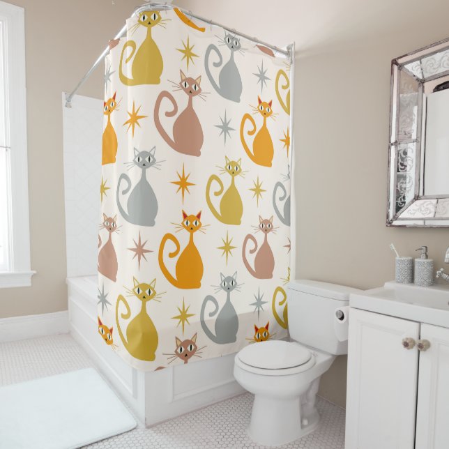 Colorful Mid Century Atomic Cats with Starbursts  Shower Curtain (In Situ)