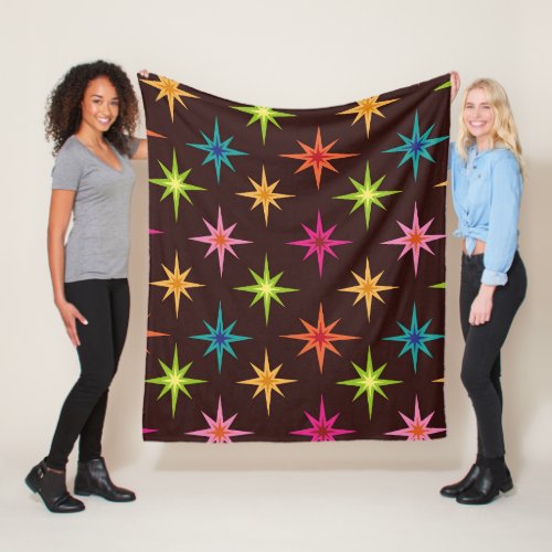 Colorful Mid Century Atomic Starbursts on Dark  Fleece Blanket