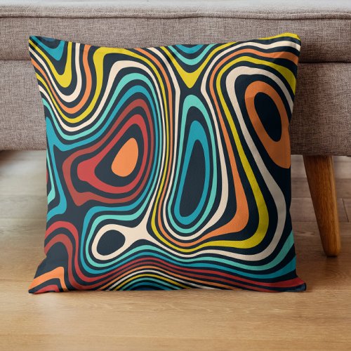 Colorful Mid_Century groovy wavy lines pattern Throw Pillow