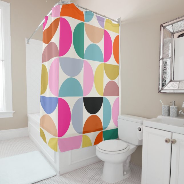 Colorful Mid Century Modern Abstract Pattern Shower Curtain (In Situ)