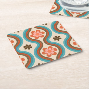 Colorful Mid Century Modern Floral Rainbow Retro Square Paper Coaster