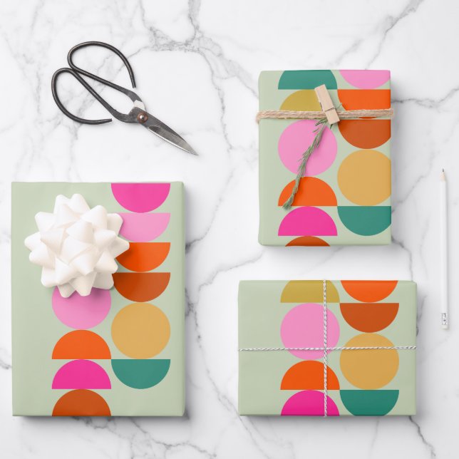 Colorful Mid Century Modern Geometric Green Wrapping Paper Sheets (Front)
