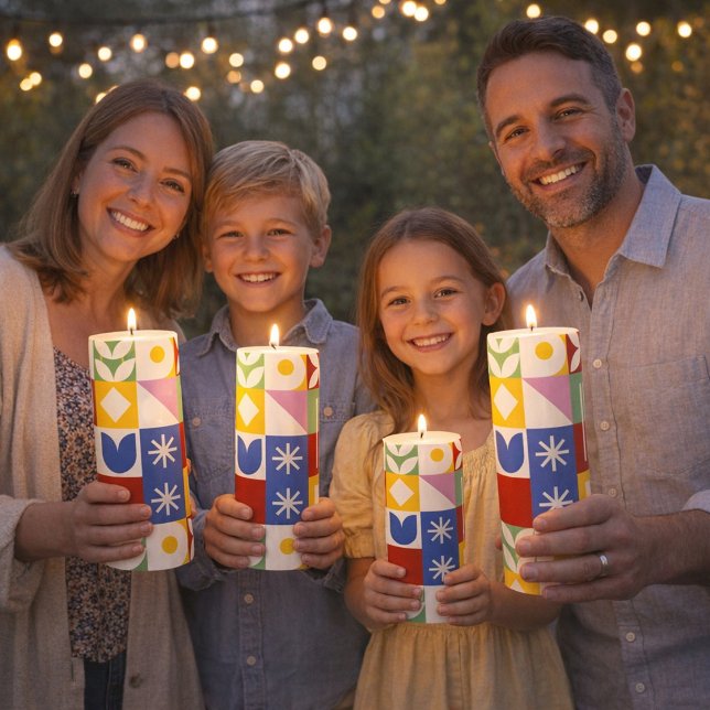 Colorful Mid-Century Modern Pattern Pillar Candle ("Patterned to perfection, made to be held".)