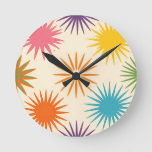 Colorful Mid Century Starburst Pattern Round Clock