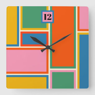 Colorful Midcentury Modern Geometric Minimalist  Square Wall Clock