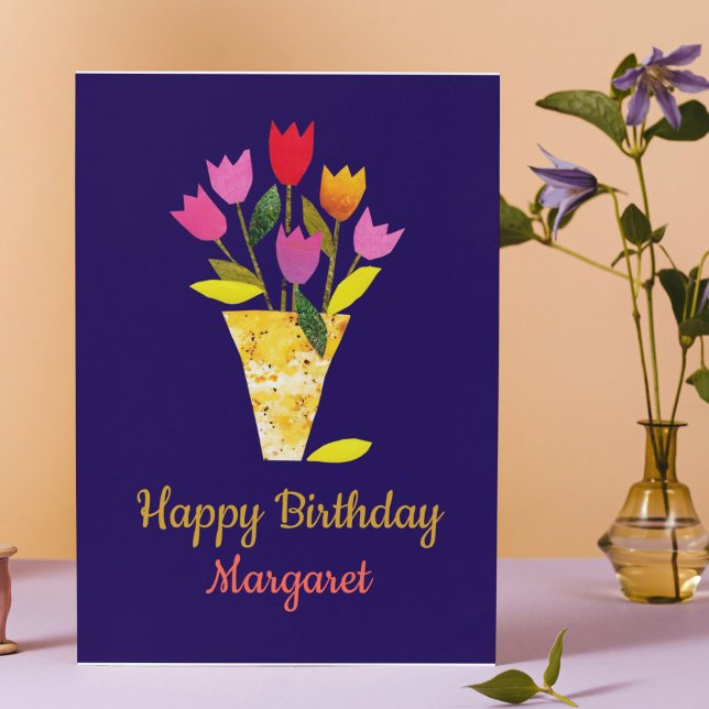 Colorful MidCentury Modern Tulips Cheery Birthday Card (Colorful pink and yellow tulips are my own original art, made from recycled magazine pages.)