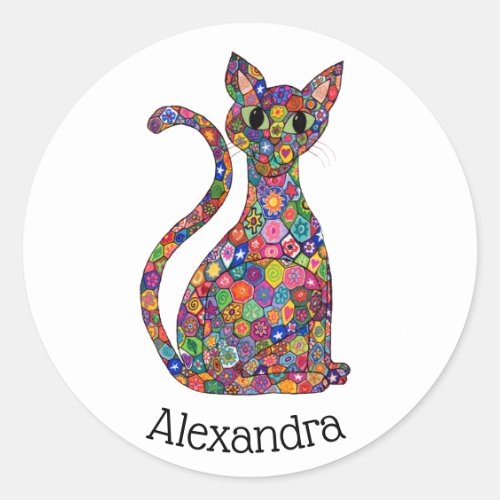 Colorful Millefiori Floral Cat Monogram Name Classic Round Sticker
