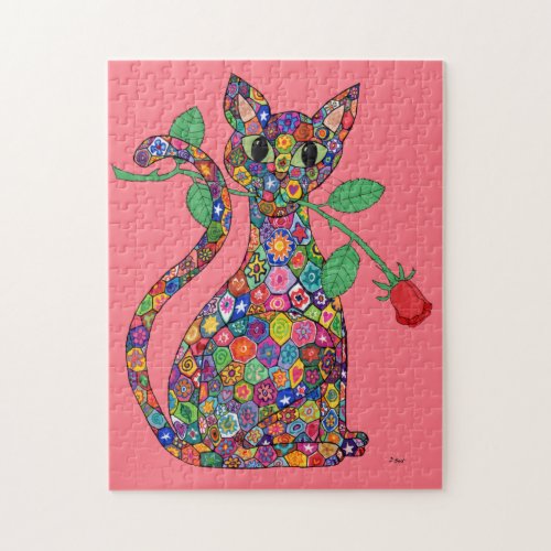 Colorful Millefiori Mosaic Patchwork Flower Cat Jigsaw Puzzle