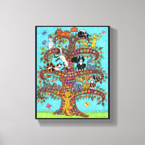 Colorful Millefiori Tree Cute Cartoon Cats Flowers Canvas Print
