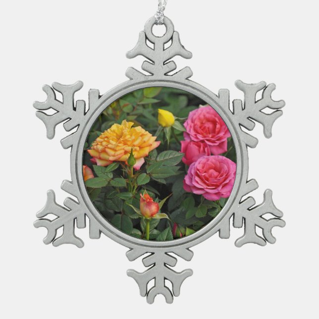 Colorful miniature roses snowflake pewter christmas ornament (Front)