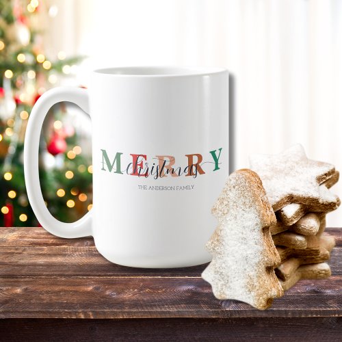 Colorful Minimalist Merry Christmas Family Name Coffee Mug