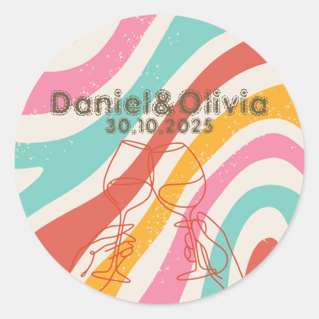 Colorful Minimalist Wedding Classic Round Sticker (Front)