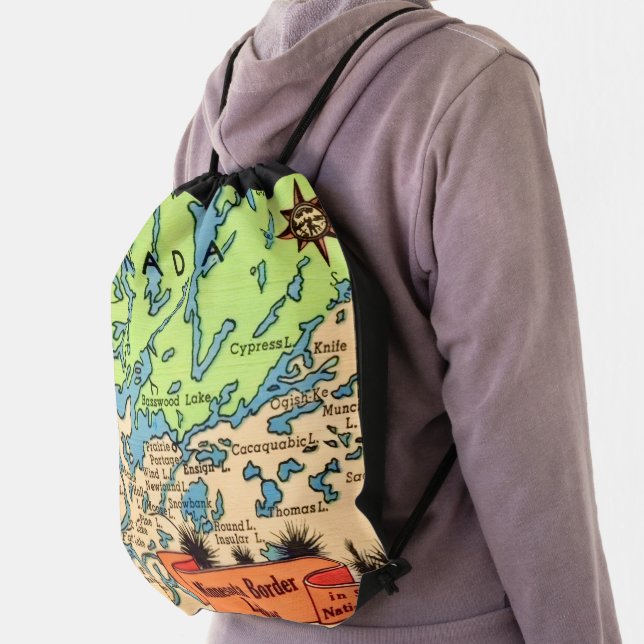 Colorful Minnesota Border Lakes Map Tote Drawstring Bag (Insitu)