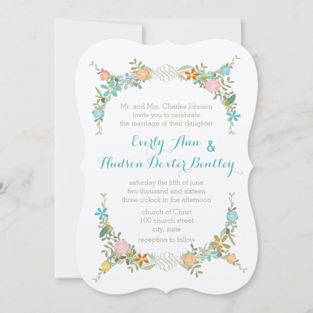 Colorful Mint Bunting Pennant Garland Wedding Invitation (Front)