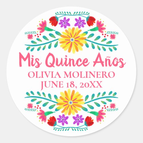 Colorful Mis Quince Anos Floral Mexican Fiesta Classic Round Sticker