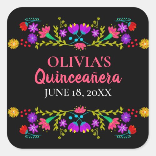 Colorful Mis Quince Anos Mexican Fiesta Flowers Square Sticker