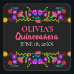 Colorful Mis Quince Anos Mexican Fiesta Flowers Square Sticker<br><div class="desc">Custom Mis Quince Años favor stickers on handy sticker sheets for your invitation envelope seals, favor bags, gift wrap and party decorations. The template is set up ready for you to add your name and the date of your birthday or your quinceanera celebration. This fun and colorful design features a...</div>