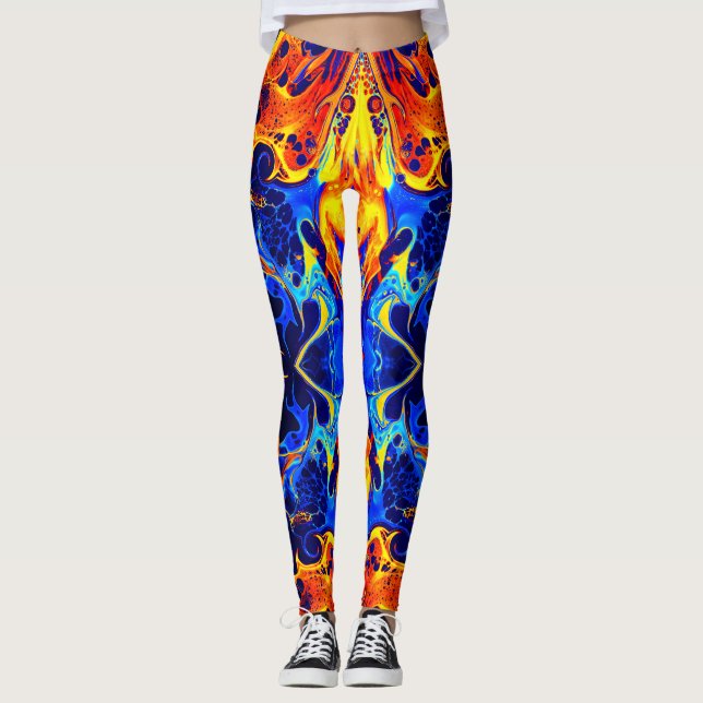 colorful mix of neon paints swirling on black leggings (Front)
