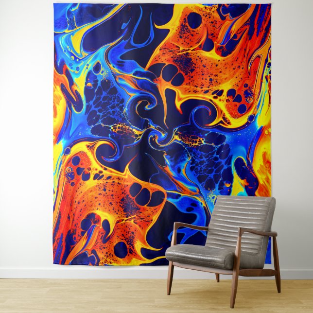 colorful mix of neon paints swirling on black tapestry (In Situ)