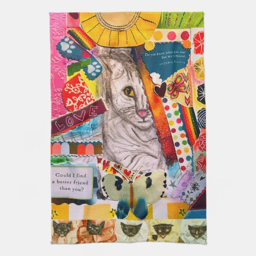 Colorful Mixed Media Cat Collage Kitchen Towel