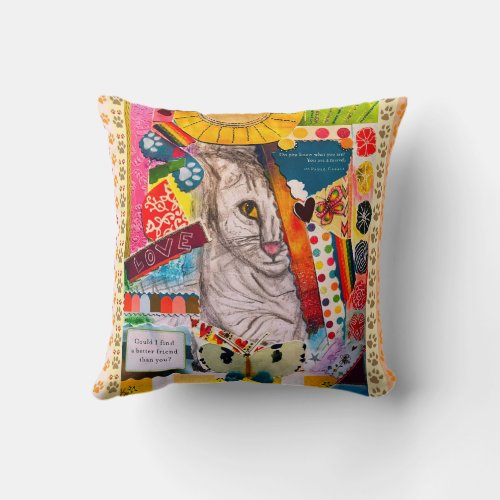 Colorful Mixed Media Cat Collage Throw Pillow