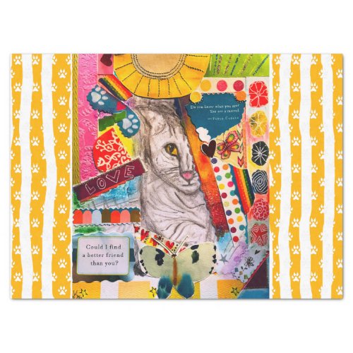 Colorful Mixed Media Cat Collage   Tissue Paper