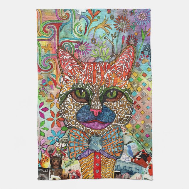 Colorful Mixed Media Cat Kitten Kitchen Towel (Vertical)