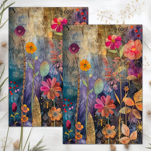 COLORFUL MIXED MEDIA FLORAL COLLAGE DECOUPAGE TISSUE PAPER