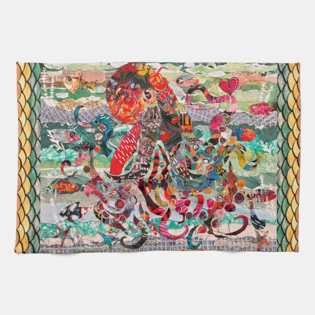 Colorful Mixed Media Octopus Kitchen Towels (Horizontal)