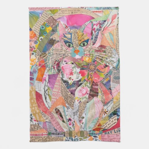 Colorful Mixed Media Paper Art Cat Kitchen Towel