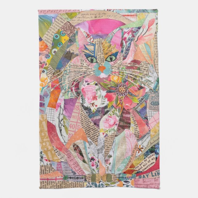 Colorful Mixed Media Paper Art Cat Kitchen Towel (Vertical)