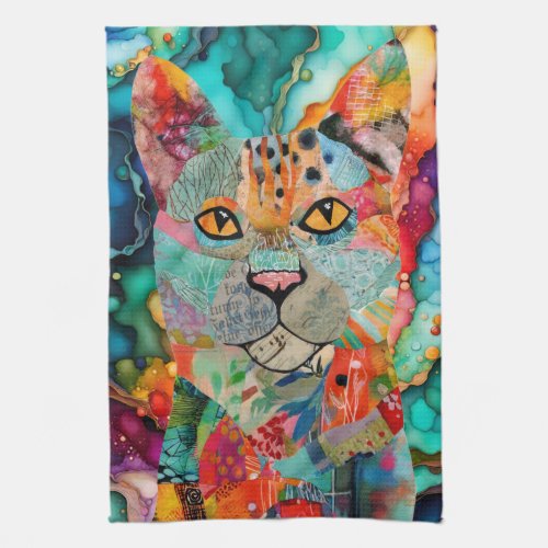 Colorful Mixed Media Paper Cat Kitchen Towel