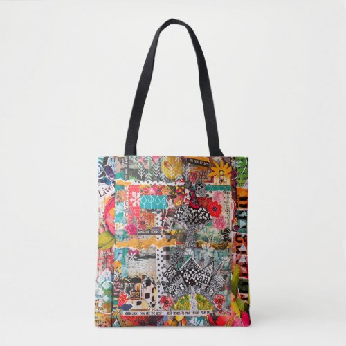 Colorful  Mixed Media Paper Collage Art Tote Bag